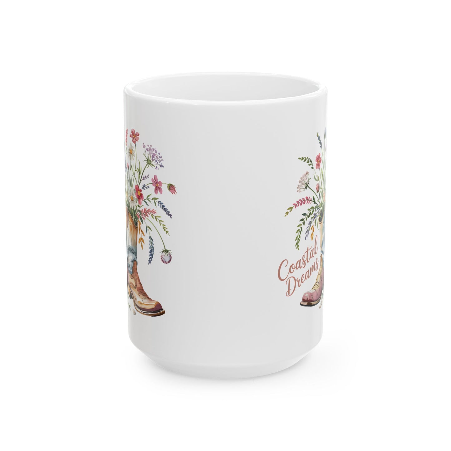Coastal Dreams Floral Cowboy Boot 15 oz Ceramic Mug - East Coast, West Coast, Perfect Gift for Nature Lovers