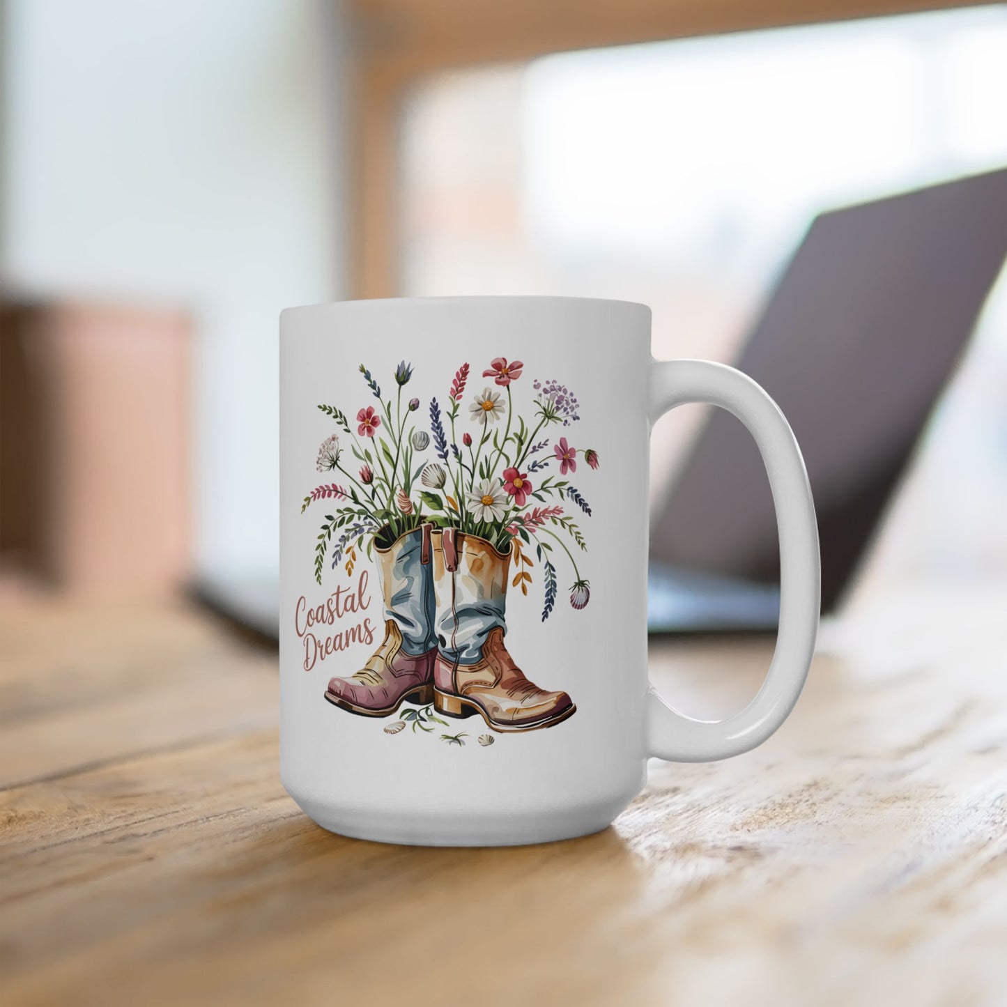 Coastal Dreams Floral Cowboy Boot 15 oz Ceramic Mug - East Coast, West Coast, Perfect Gift for Nature Lovers