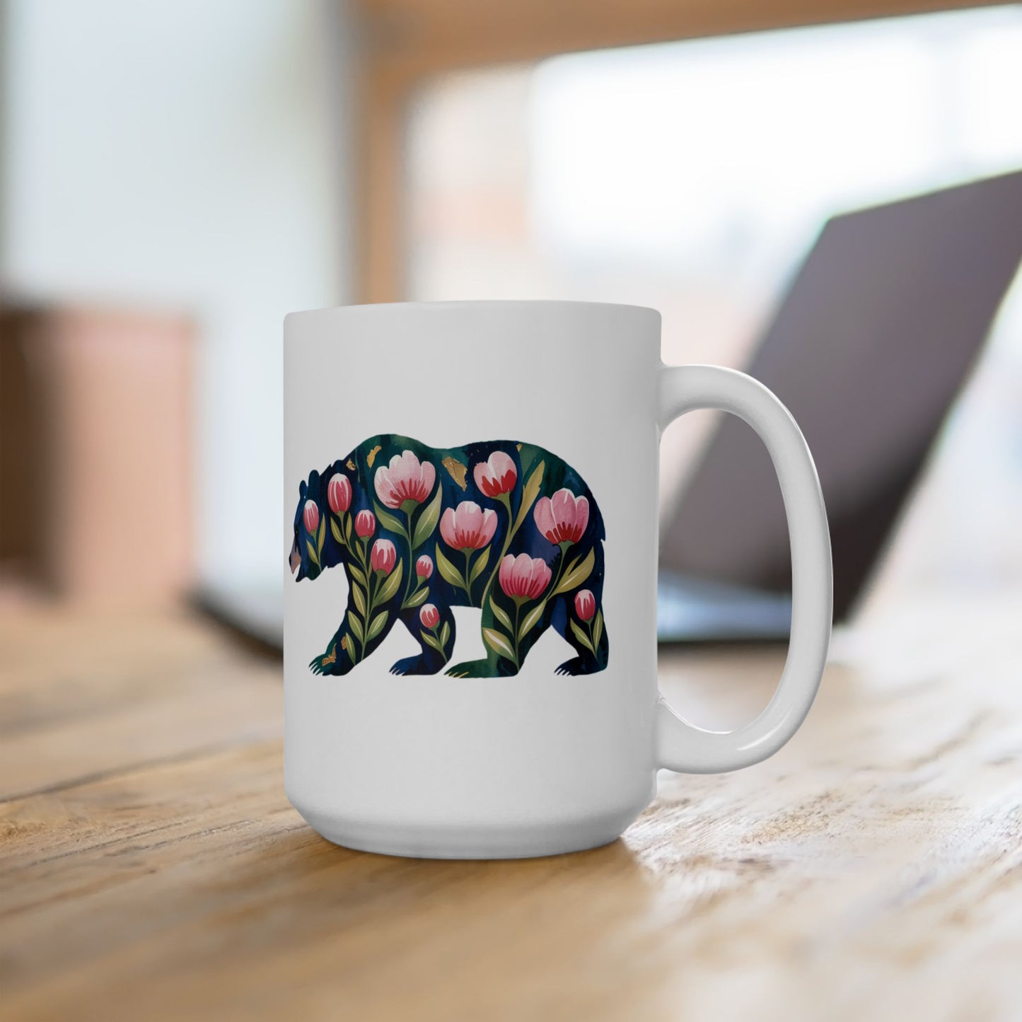 Floral Bear Ceramic Mug - 15oz Coffee Cup for Nature Lovers