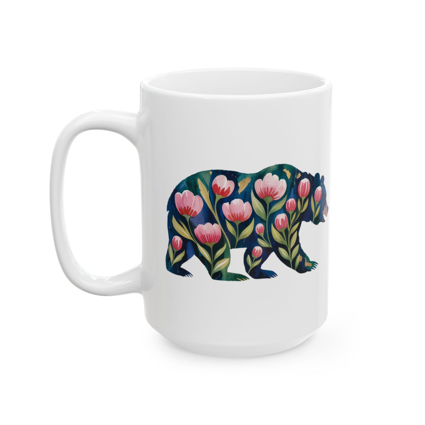 Floral Bear Ceramic Mug - 15oz Coffee Cup for Nature Lovers