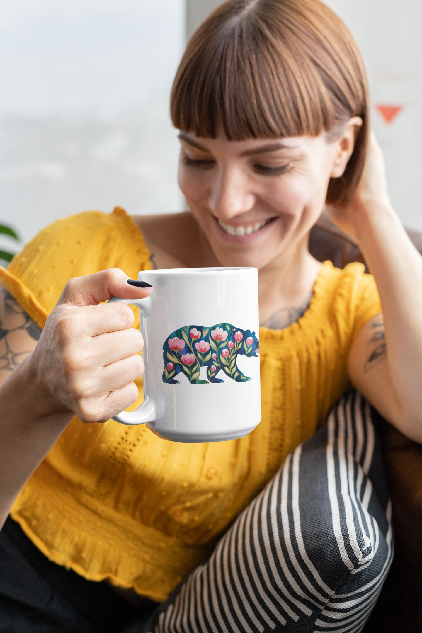 Floral Bear Ceramic Mug - 15oz Coffee Cup for Nature Lovers
