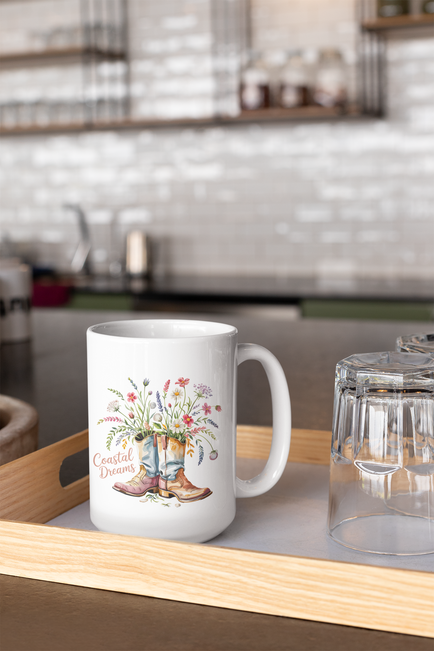 Coastal Dreams Floral Cowboy Boot 15 oz Ceramic Mug - East Coast, West Coast, Perfect Gift for Nature Lovers