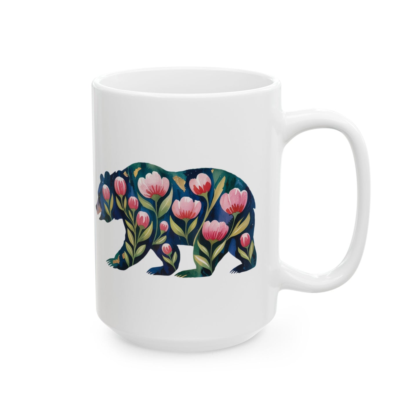 Floral Bear Ceramic Mug - 15oz Coffee Cup for Nature Lovers