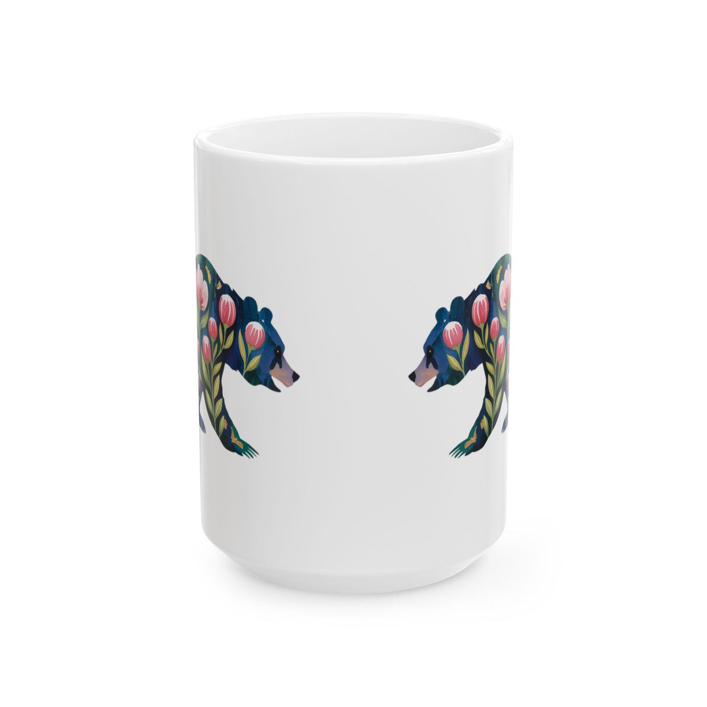 Floral Bear Ceramic Mug - 15oz Coffee Cup for Nature Lovers
