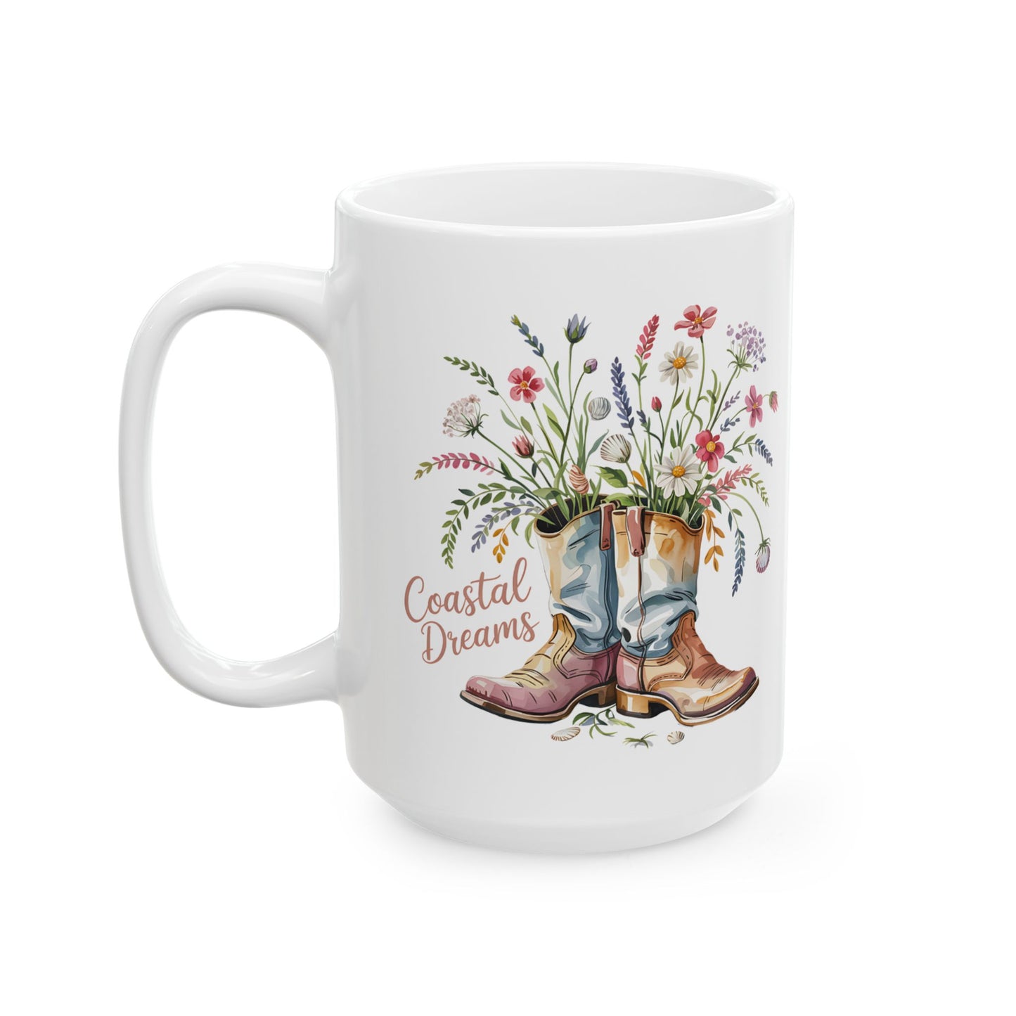 Coastal Dreams Floral Cowboy Boot 15 oz Ceramic Mug - East Coast, West Coast, Perfect Gift for Nature Lovers