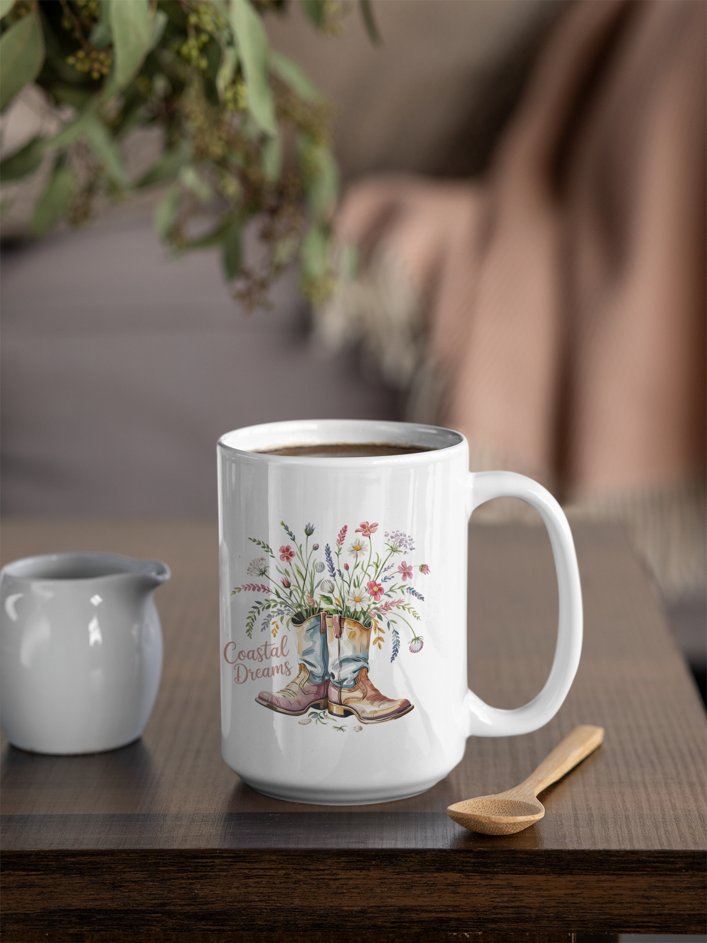 Coastal Dreams Floral Cowboy Boot 15 oz Ceramic Mug - East Coast, West Coast, Perfect Gift for Nature Lovers