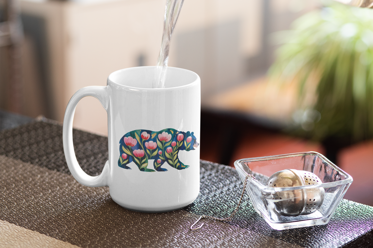 Floral Bear Ceramic Mug - 15oz Coffee Cup for Nature Lovers